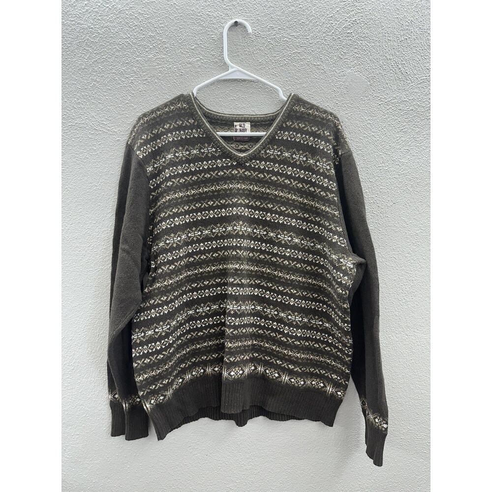 Old Navy Mens Sweater Size XXL Brown Fair Isle Long Sleeve V-Neck Vintage Wool